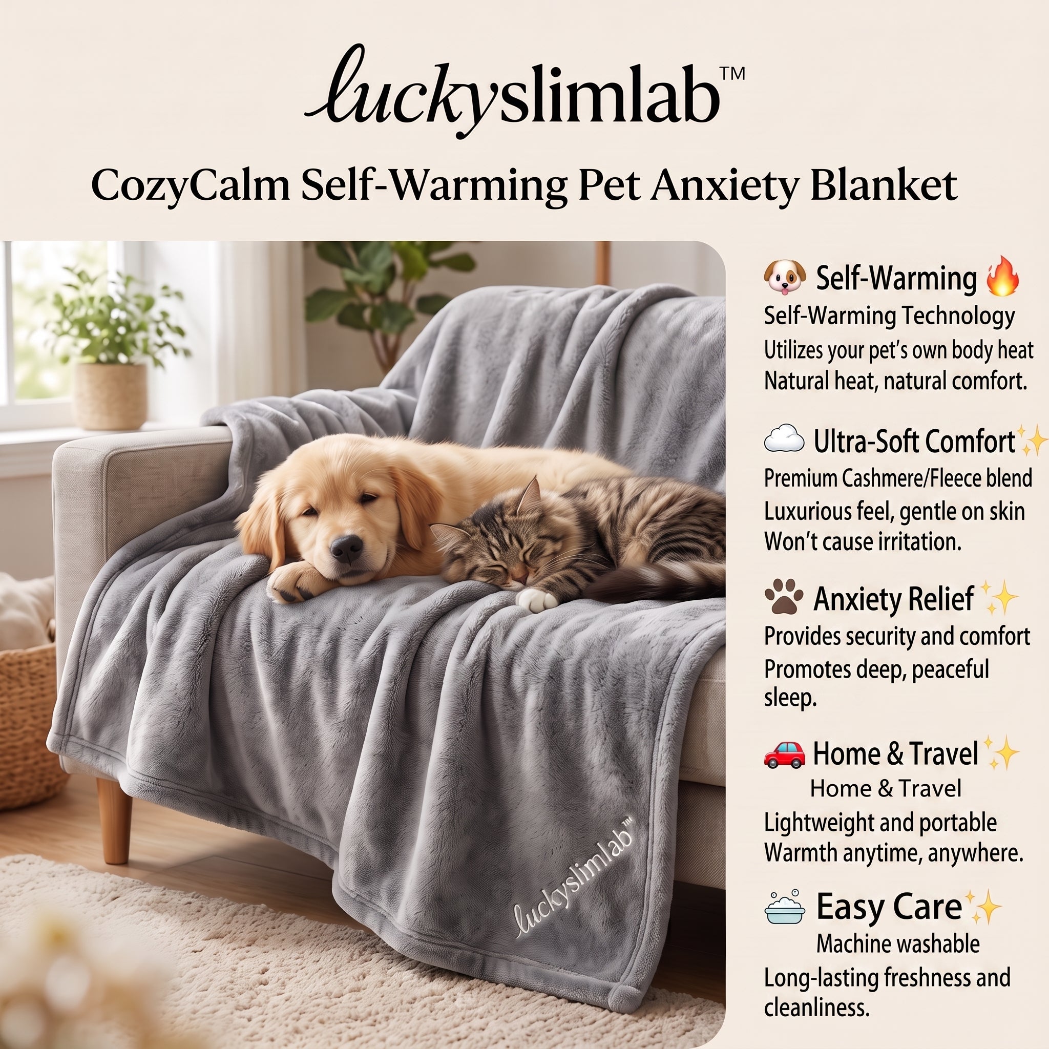 𝒍𝒖𝒄𝒌𝒚𝒔𝒍𝒊𝒎𝒍𝒂𝒃™ CozyCalm Self-Warming Pet Anxiety Blanket