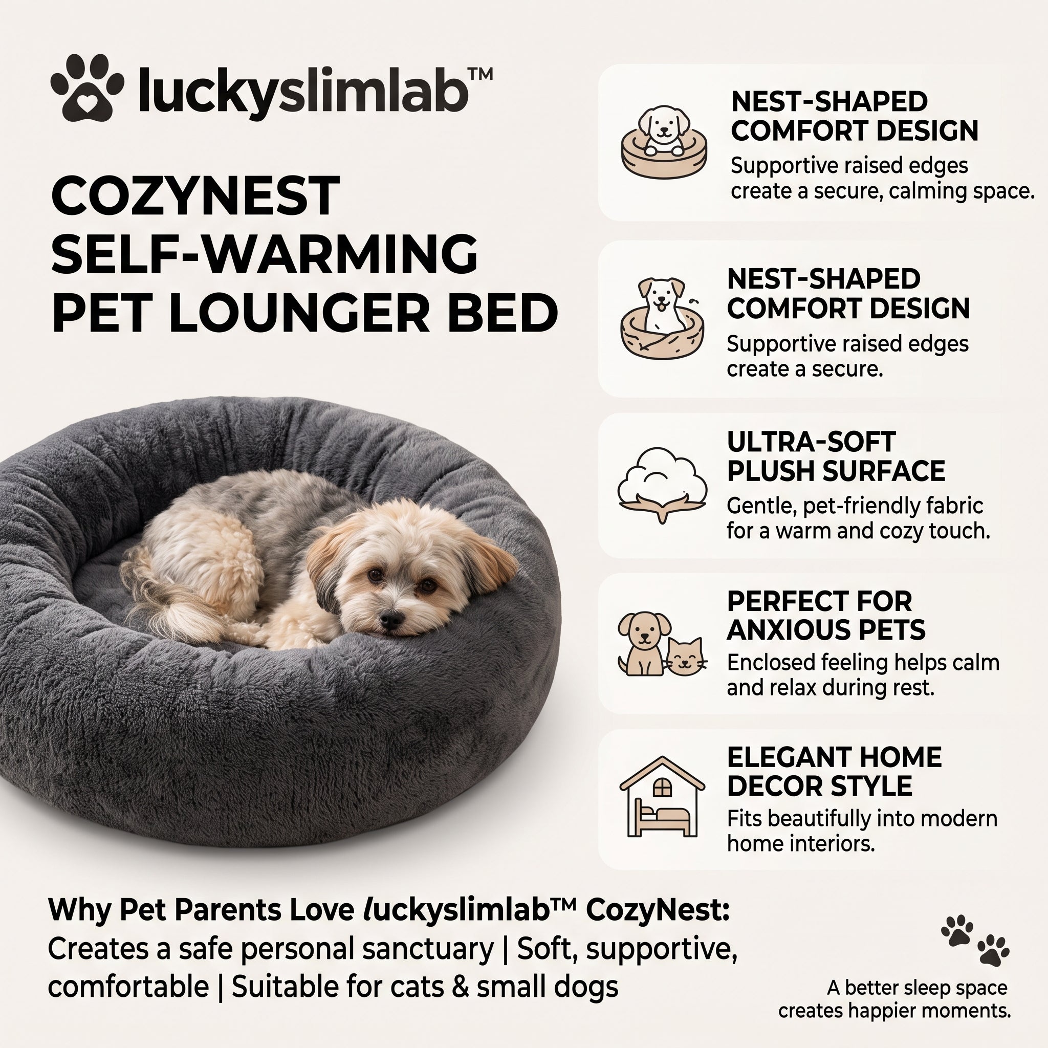 𝒍𝒖𝒄𝒌𝒚𝒔𝒍𝒊𝒎𝒍𝒂𝒃™ CozyNest Self-Warming Pet Lounger Bed