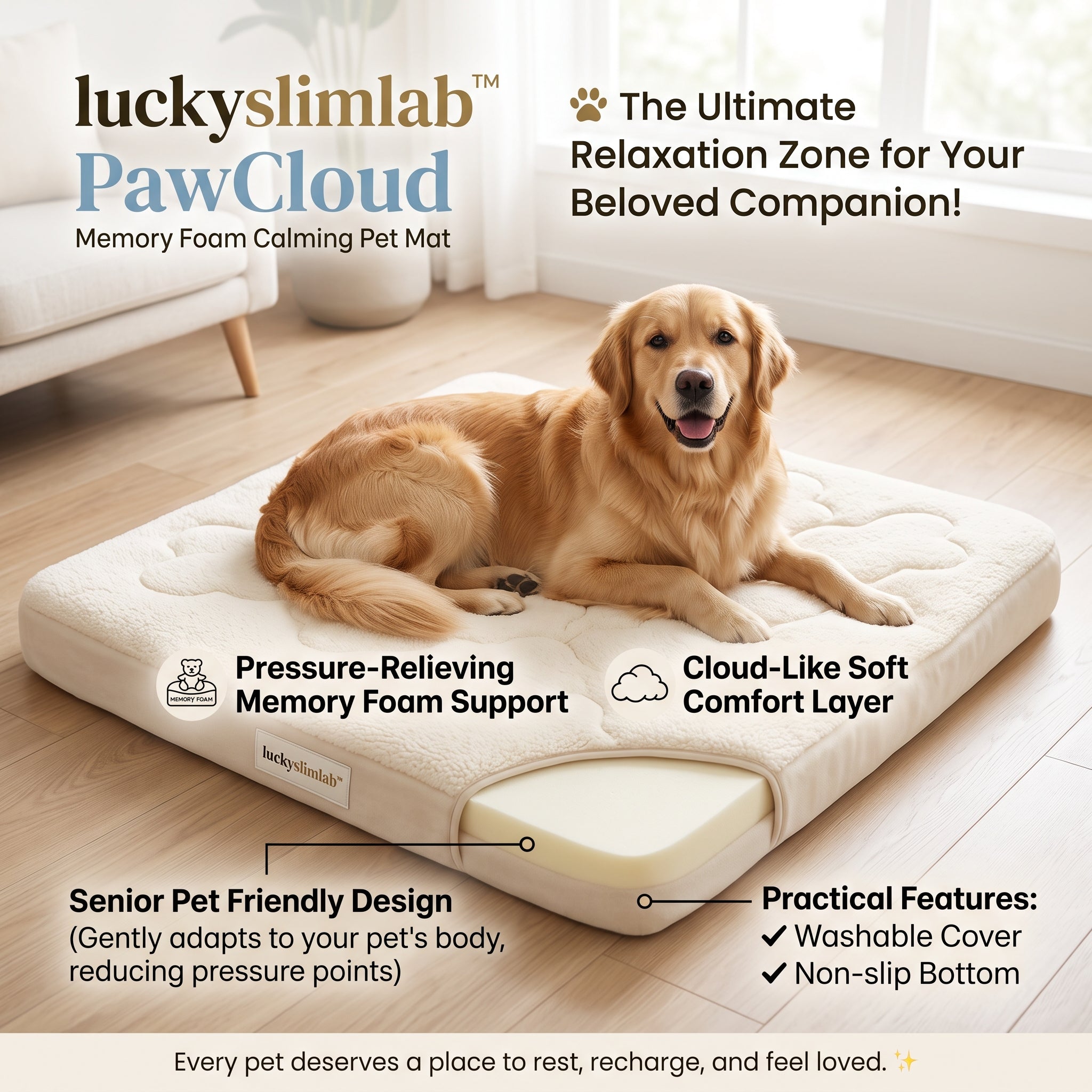 𝒍𝒖𝒄𝒌𝒚𝒔𝒍𝒊𝒎𝒍𝒂𝒃™ PawCloud Memory Foam Calming Pet Mat